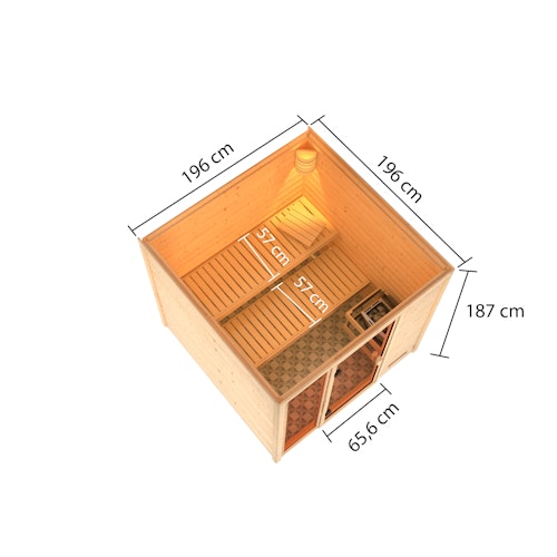 Karibu Woodfeeling Sauna Jutta - 38 mm Massivholz Aktionssauna inkl. gratis Saunaofen & 8-teiligem Zubehörpaket (Gesamtwert 1071,91€) Bild