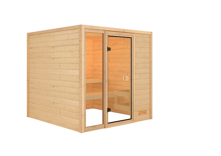 Karibu Woodfeeling Sauna Jutta - 38 mm Massivholz Aktionssauna inkl. gratis Saunaofen & 8-teiligem Zubehörpaket (Gesamtwert 1071,91€) Bild