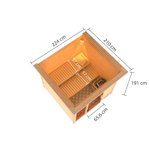 Karibu Woodfeeling Sauna Jutta - 38 mm Massivholz Aktionssauna inkl. gratis Saunaofen & 8-teiligem Zubehörpaket (Gesamtwert 1071,91€) Bild