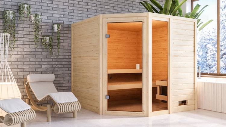 Karibu Woodfeeling Sauna Tabea - 38 mm Massivholz Aktionssauna inkl. gratis Saunaofen & 8-teiligem Zubehörpaket (Gesamtwert 1071,91€) Bild