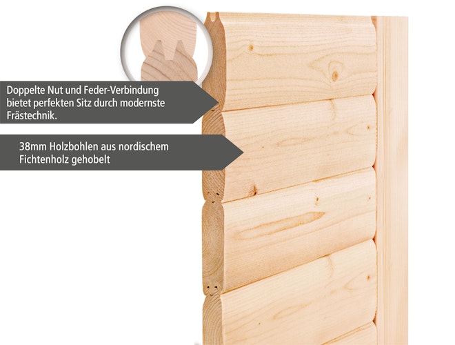 Karibu Woodfeeling Sauna Tabea - 38 mm Massivholz Aktionssauna inkl. gratis Saunaofen & 8-teiligem Zubehörpaket (Gesamtwert 1071,91€) Bild