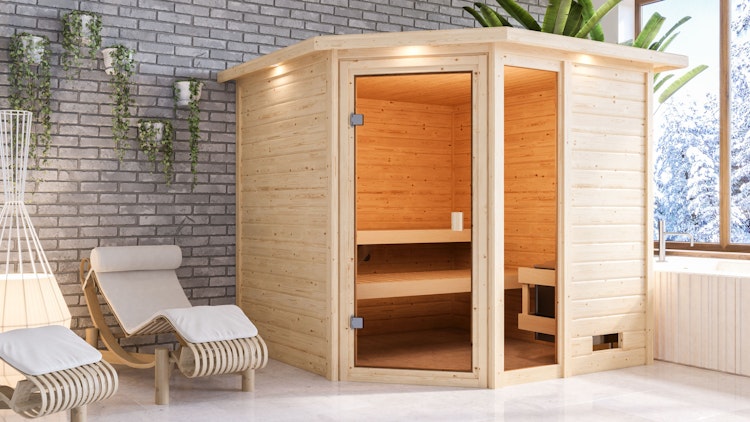 Karibu Woodfeeling Sauna Tabea - 38 mm Massivholz Aktionssauna inkl. gratis Saunaofen & 8-teiligem Zubehörpaket (Gesamtwert 1071,91€) Bild