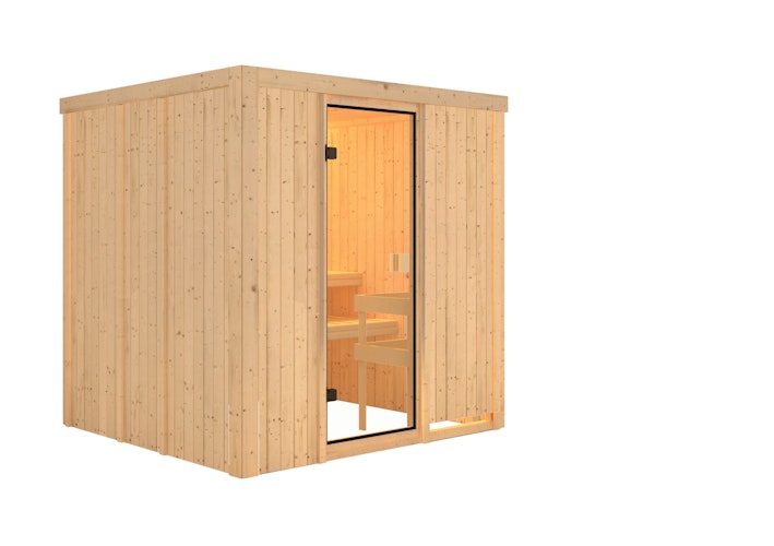 Karibu Woodfeeling Sauna Tromsö - 68 mm Aktionssauna inkl. gratis Saunaofen & 8-teiligem Zubehörpaket (Gesamtwert 1071,91€) Bild