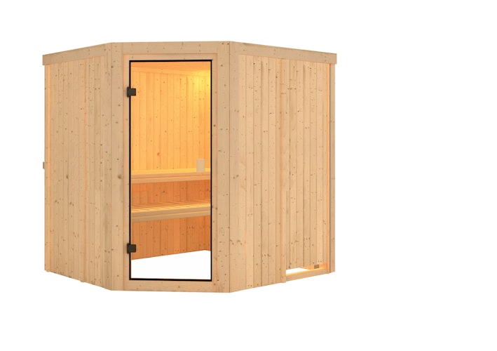 Karibu Woodfeeling Sauna Bodo - 68 mm Aktionssauna inkl. gratis Saunaofen & 8-teiligem Zubehörpaket (Gesamtwert 1071,91€) Bild