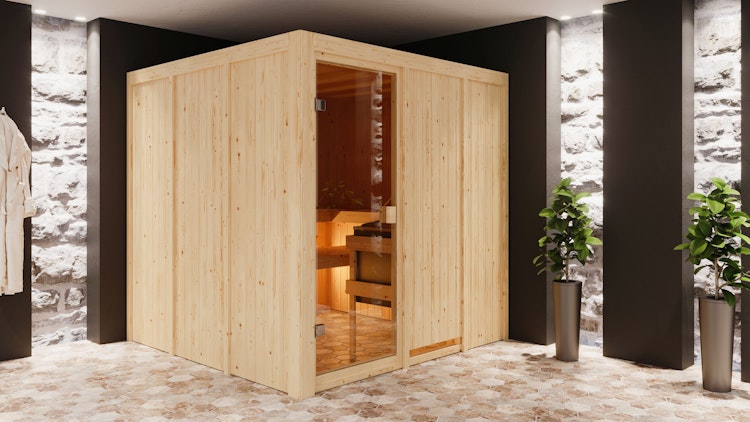 Karibu Woodfeeling Sauna Oulu - 68 mm Aktionssauna inkl. gratis Saunaofen & 8-teiligem Zubehörpaket (Gesamtwert 1071,91€) Bild