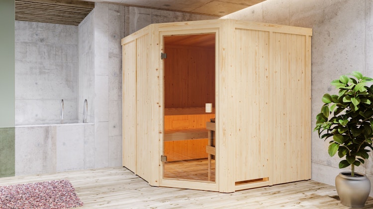 Karibu Woodfeeling Sauna Kotka - 68 mm Aktionssauna inkl. gratis Saunaofen & 8-teiligem Zubehörpaket (Gesamtwert 1071,91€) Bild