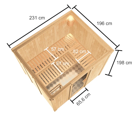 Karibu Woodfeeling Sauna Nybro - 68 mm Aktionssauna inkl. gratis Saunaofen & 8-teiligem Zubehörpaket (Gesamtwert 1071,91€) Bild