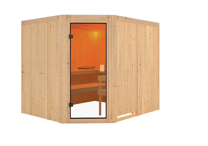 Karibu Woodfeeling Sauna Horna - 68 mm Aktionssauna inkl. gratis Saunaofen & 8-teiligem Zubehörpaket (Gesamtwert 1071,91€) Bild