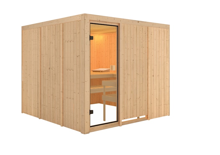 Karibu Woodfeeling Sauna Arvika - 68 mm Aktionssauna inkl. gratis Saunaofen & 8-teiligem Zubehörpaket (Gesamtwert 1071,91€) Bild