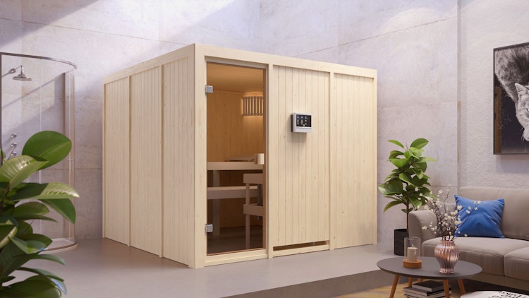 Karibu Woodfeeling Sauna Arvika - 68 mm Aktionssauna inkl. gratis Saunaofen & 8-teiligem Zubehörpaket (Gesamtwert 1071,91€) Bild