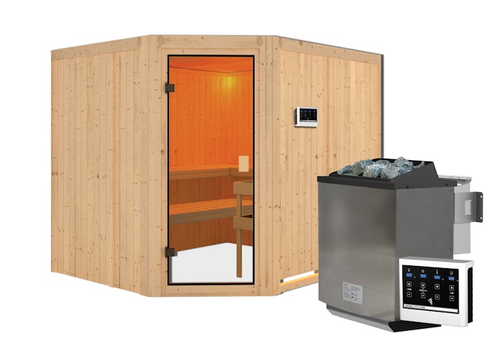 Karibu Woodfeeling Sauna Horna - 68 mm Aktionssauna inkl. gratis Saunaofen & 8-teiligem Zubehörpaket (Gesamtwert 1071,91€) Bild