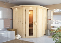 Karibu Energiespar-Sauna Lobin mit Eckeinstieg 68 mm inkl. 9-teiligem gratis Zubehörpaket