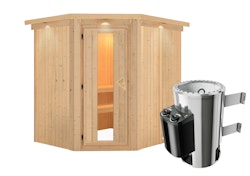 Karibu Energiespar-Sauna Lobin mit Eckeinstieg 68 mm inkl. 9-teiligem gratis Zubehörpaket