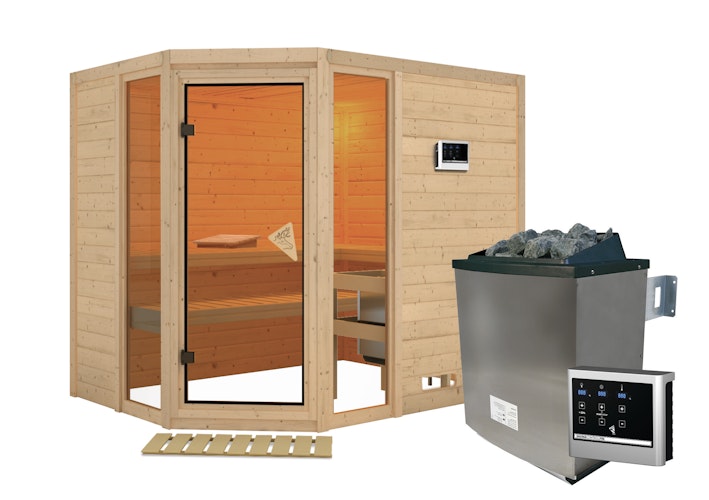 Karibu Sauna Sinai 3 - Massivholzsauna mit Eckeinstieg 38 mm