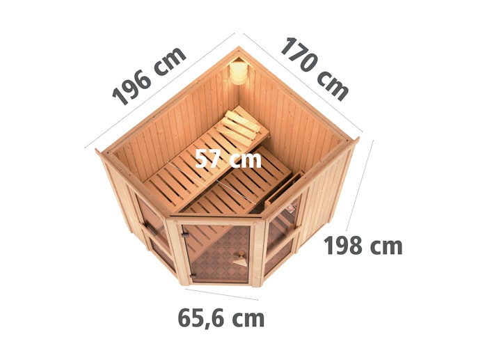 Karibu Amelia 1 - Sauna mit Eckeinstieg 68 mm inkl. gratis Saunaofen & 8-teiligem Zubehörpaket (Gesamtwert 1071,91€) Bild