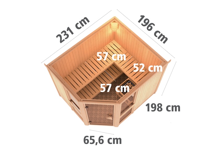 Karibu Amelia 3 - Sauna mit Eckeinstieg 68 mm inkl. gratis Saunaofen & 8-teiligem Zubehörpaket (Gesamtwert 1071,91€) Bild