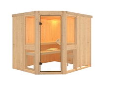 Karibu Amelia 3 - Sauna mit Eckeinstieg 68 mm inkl. gratis Saunaofen & 8-teiligem Zubehörpaket (Gesamtwert 741,91€)