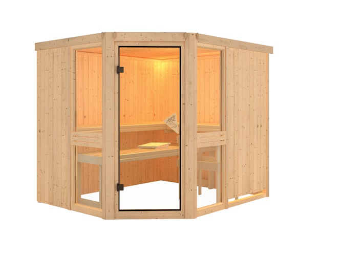 Karibu Amelia 3 - Sauna mit Eckeinstieg 68 mm inkl. gratis Saunaofen & 8-teiligem Zubehörpaket (Gesamtwert 741,91€) Bild