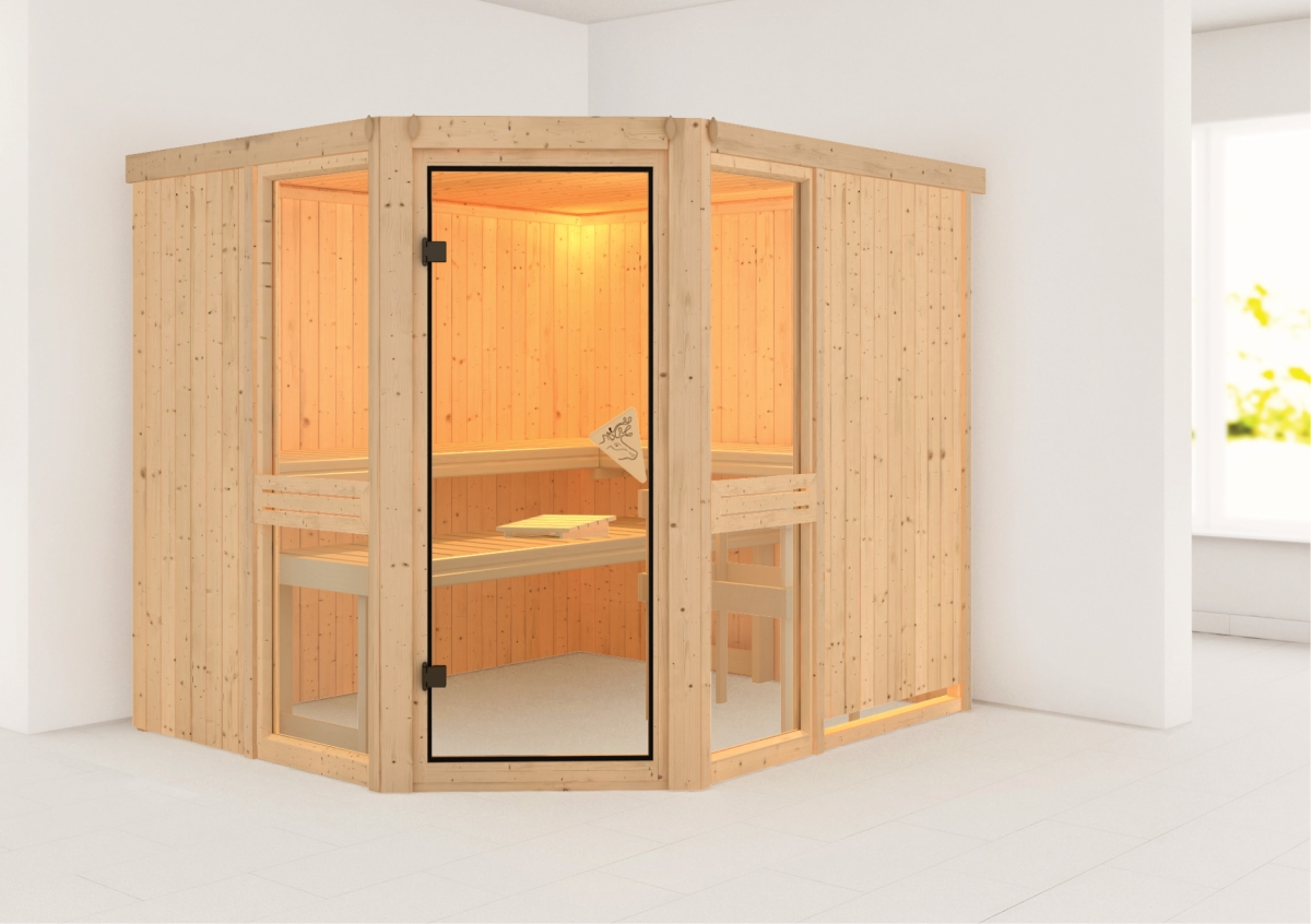 Vorschaubild Galerie Karibu Amelia 3 - Sauna mit Eckeinstieg 68 mm inkl. 9-teiligem gratis Zubehörpaket