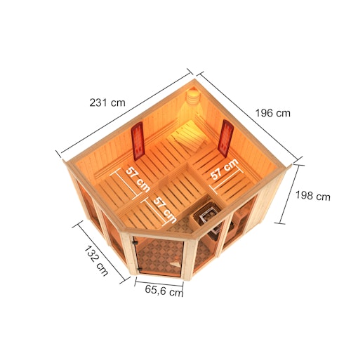 Karibu Multifunktions-Sauna Ava inkl. Infrarotstrahler mit Eckeinstieg 68 mm inkl. 8-teiligem gratis Zubehörpaket