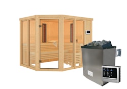 Karibu Multifunktions-Sauna Ava inkl. Infrarotstrahler mit Eckeinstieg 68 mm Ohne Dachkranz 9 kW Ofen inkl. Steuergerät inkl. 9-teiligem gratis Zubehörpaket (Gesamtwert 271,91€)