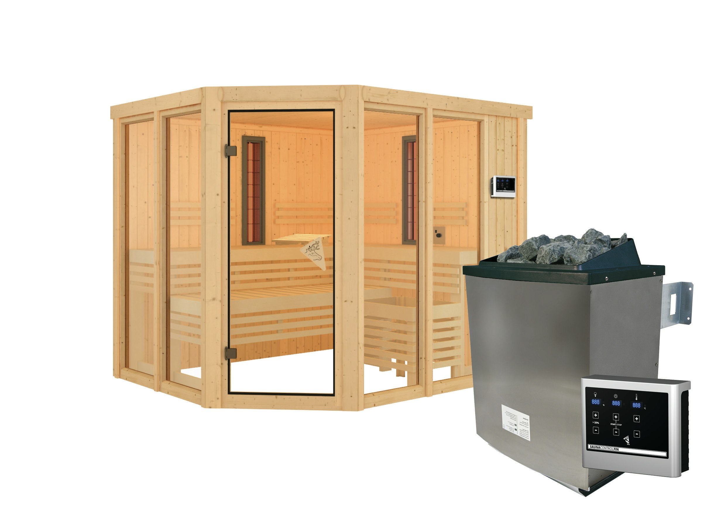 Karibu Multifunktions-Sauna Ava inkl. Infrarotstrahler mit Eckeinstieg 68 mm inkl. 9-teiligem gratis Zubehörpaket