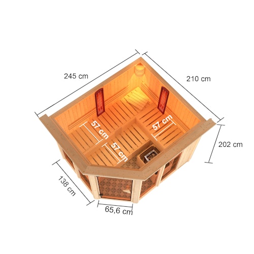 Karibu Multifunktions-Sauna Ava inkl. Infrarotstrahler mit Eckeinstieg 68 mm inkl. 8-teiligem gratis Zubehörpaket