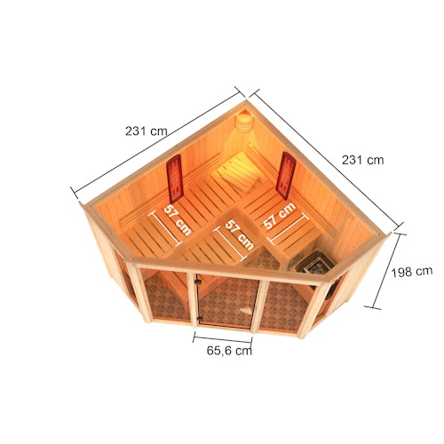 Karibu Multifunktions-Sauna Asta inkl. Infrarotstrahler mit Eckeinstieg 68 mm inkl. 8-teiligem gratis Zubehörpaket Bild