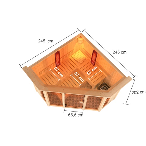 Karibu Multifunktions-Sauna Asta inkl. Infrarotstrahler mit Eckeinstieg 68 mm inkl. 8-teiligem gratis Zubehörpaket Bild