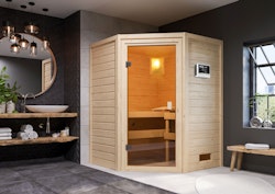 Karibu Woodfeeling Sauna Antonia - 38 mm Massivholz Aktionssauna inkl. 8-teiligem gratis Zubehörpaket (Gesamtwert 191,92€)