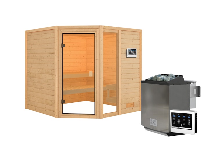 Karibu Woodfeeling Sauna Tabea - 38 mm Massivholz Aktionssauna inkl. gratis Saunaofen & 8-teiligem Zubehörpaket (Gesamtwert 1071,91€) Bild