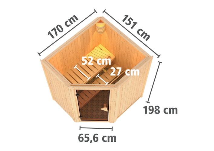 Karibu Sauna Taurin mit Eckeinstieg 68 mm inkl. gratis Saunaofen & 8-teiligem Zubehörpaket (Gesamtwert 1071,91€) Bild