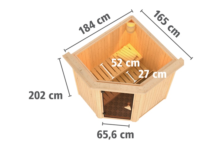 Karibu Sauna Taurin mit Eckeinstieg 68 mm inkl. gratis Saunaofen & 8-teiligem Zubehörpaket (Gesamtwert 1071,91€) Bild