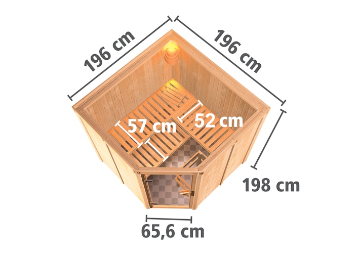 Karibu Sauna Jarin mit Eckeinstieg 68 mm inkl. gratis Saunaofen & 8-teiligem Zubehörpaket (Gesamtwert 1071,91€) Bild