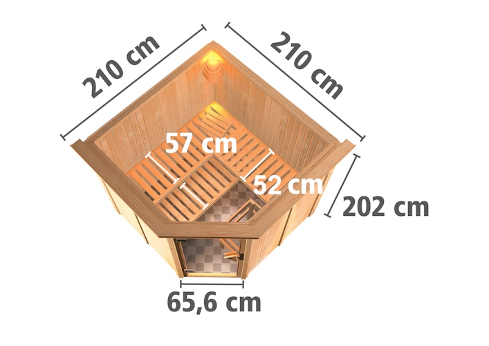 Karibu Sauna Jarin mit Eckeinstieg 68 mm inkl. gratis Saunaofen & 8-teiligem Zubehörpaket (Gesamtwert 1071,91€) Bild