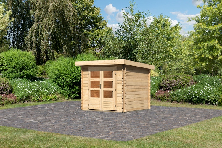 Karibu Woodfeeling Gartenhaus Bastrup 2 naturbelassen - 28 mm inkl. gratis Innenraum-Pflegebox im Wert von 99€