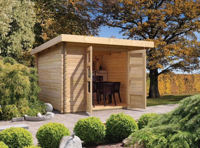 Karibu Woodfeeling Gartenhaus Bastrup 3 naturbelassen - 28 mm inkl. gratis Innenraum-Pflegebox im Wert von 99€ Bild