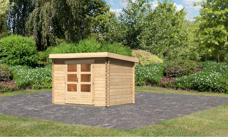 Karibu Woodfeeling Gartenhaus Bastrup 3 naturbelassen - 28 mm inkl. gratis Innenraum-Pflegebox im Wert von 99€ Bild