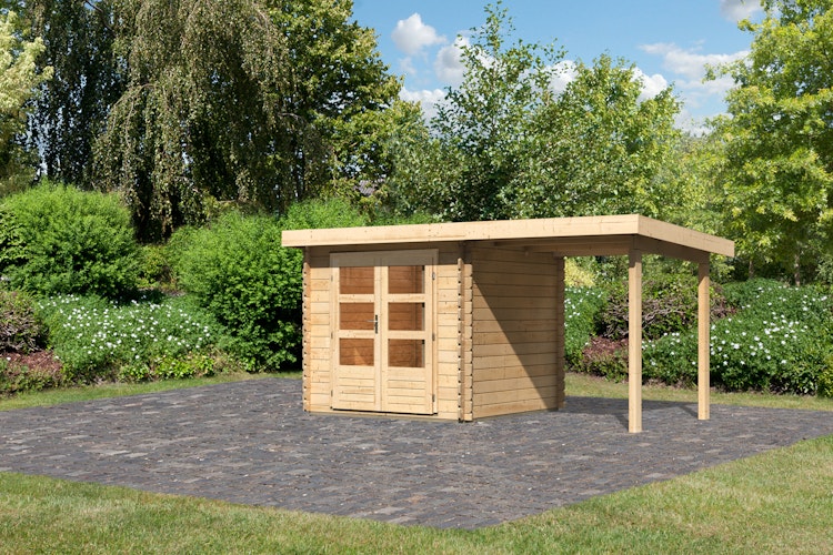 Karibu Woodfeeling Gartenhaus Bastrup 2 naturbelassen - 28 mm inkl. gratis Innenraum-Pflegebox im Wert von 99€