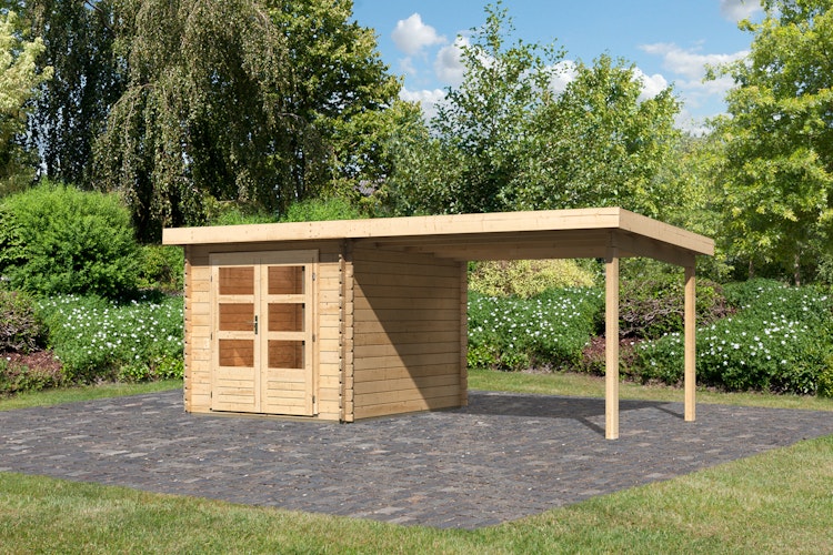 Karibu Woodfeeling Gartenhaus Bastrup 4 naturbelassen - 28 mm inkl. gratis Innenraum-Pflegebox im Wert von 99€ Bild