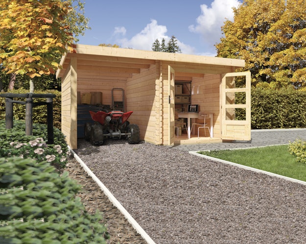 Karibu Woodfeeling Gartenhaus Bastrup 2 naturbelassen - 28 mm inkl. gratis Innenraum-Pflegebox im Wert von 99€