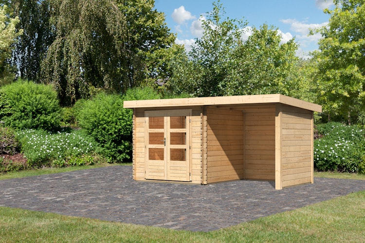 Karibu Woodfeeling Gartenhaus Bastrup 2 naturbelassen - 28 mm inkl. gratis Innenraum-Pflegebox im Wert von 99€