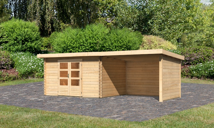 Karibu Woodfeeling Gartenhaus Bastrup 7 naturbelassen - 28 mm inkl. gratis Innenraum-Pflegebox im Wert von 99€ Bild