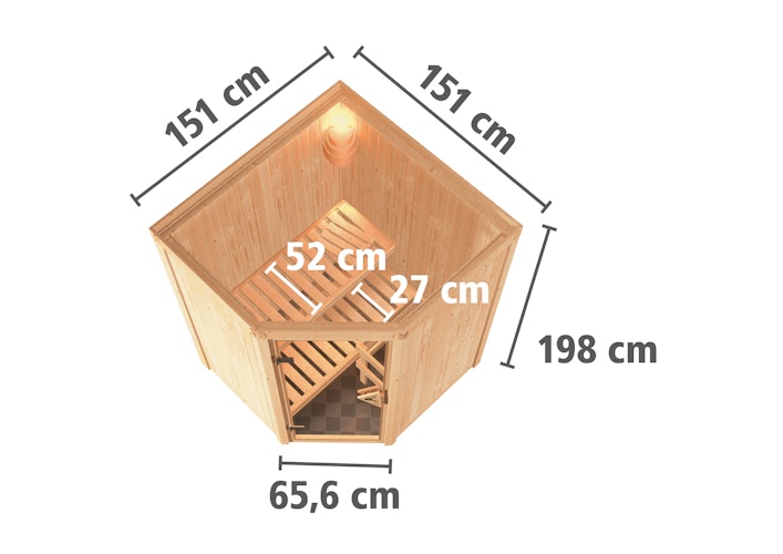 Karibu Sauna Larin mit Eckeinstieg 68 mm inkl. gratis Saunaofen & 8-teiligem Zubehörpaket (Gesamtwert 741,91€) Bild