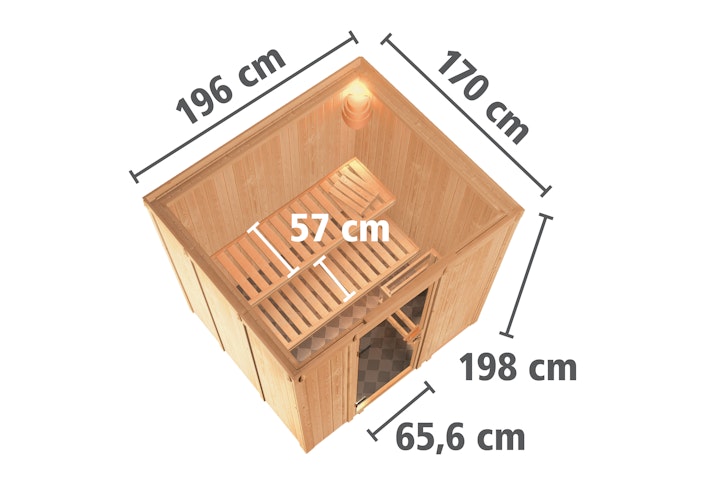 Karibu Sauna Sodin mit Fronteinstieg 68 mm inkl. gratis Saunaofen & 8-teiligem Zubehörpaket (Gesamtwert 741,91€) Bild