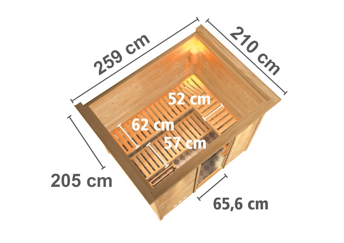 Karibu Sauna Sonara - Massivholzsauna mit Fronteinstieg 38 mm inkl. 8-teiligem gratis Zubehörpaket Bild