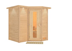 Karibu Sauna Sahib 1-Massivholzsauna 38 mm-Fronteinstieg -Exklusivoptik inkl. gratis Saunaofen & 8-teiligem Zubehörpaket (Gesamtwert 741,91€)