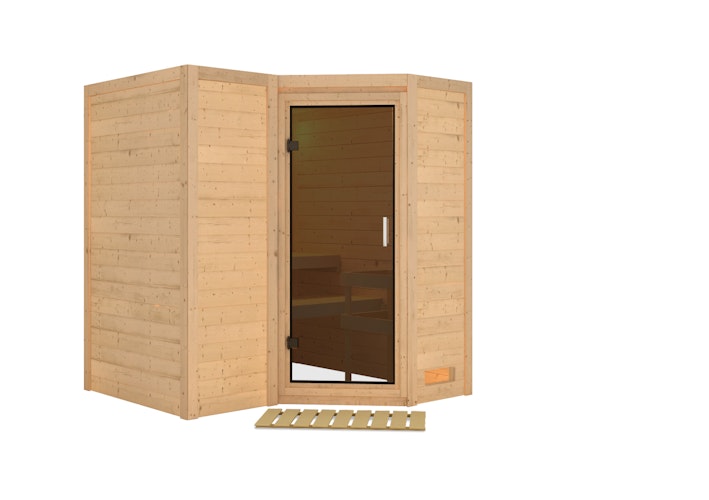 Karibu Sauna Sahib 1-Massivholzsauna 38 mm-Fronteinstieg -Exklusivoptik inkl. gratis Saunaofen & 8-teiligem Zubehörpaket (Gesamtwert 1071,91€) Bild