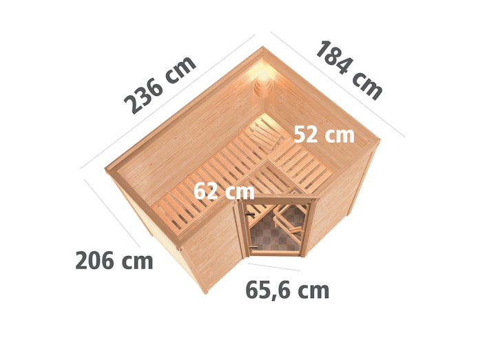 Karibu Sauna Sahib 2-Massivholzsauna 38 mm -Eckeinstieg - Exklusivoptik inkl. gratis Saunaofen & 8-teiligem Zubehörpaket (Gesamtwert 1071,91€) Bild