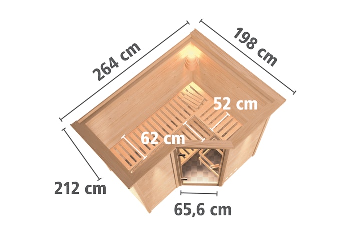 Karibu Sauna Sahib 2-Massivholzsauna 38 mm -Eckeinstieg - Exklusivoptik inkl. gratis Saunaofen & 8-teiligem Zubehörpaket (Gesamtwert 1071,91€) Bild